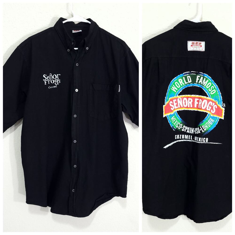 Senor Frogs Mens Shirt Size Medium Black Button Front Short Sleeves Cotton